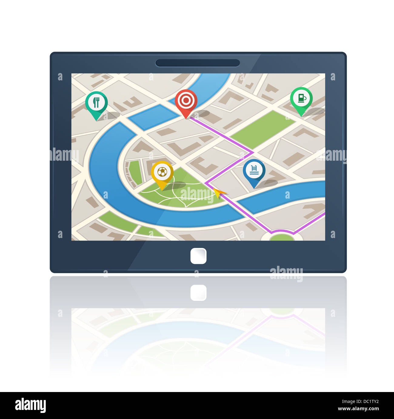 GPS-Navigationssystem plus 5 Bonus Karte Symbole und 5 verschiedene bunte Karte Pins enthalten. Stockfoto