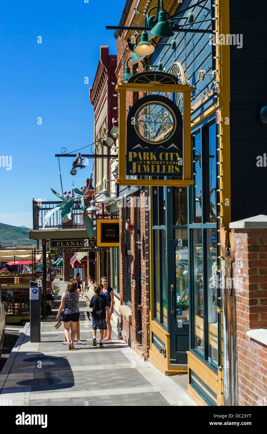 Geschäfte auf der Main Street in der Innenstadt von Park City, Utah, USA Stockfoto