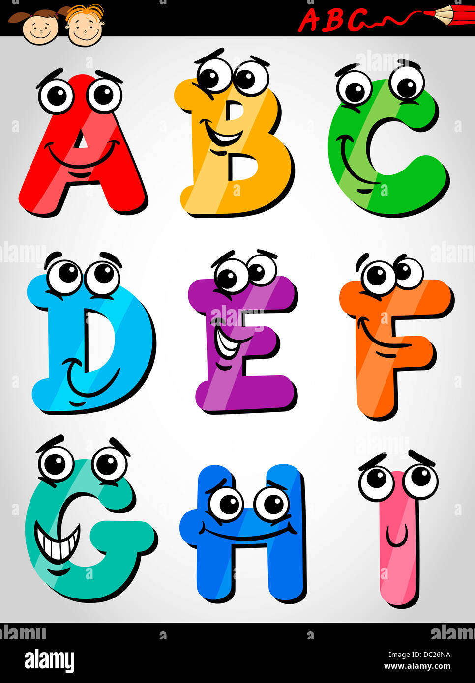 CartoonIllustration der lustige GroßbuchstabenAlphabet von A bis ich