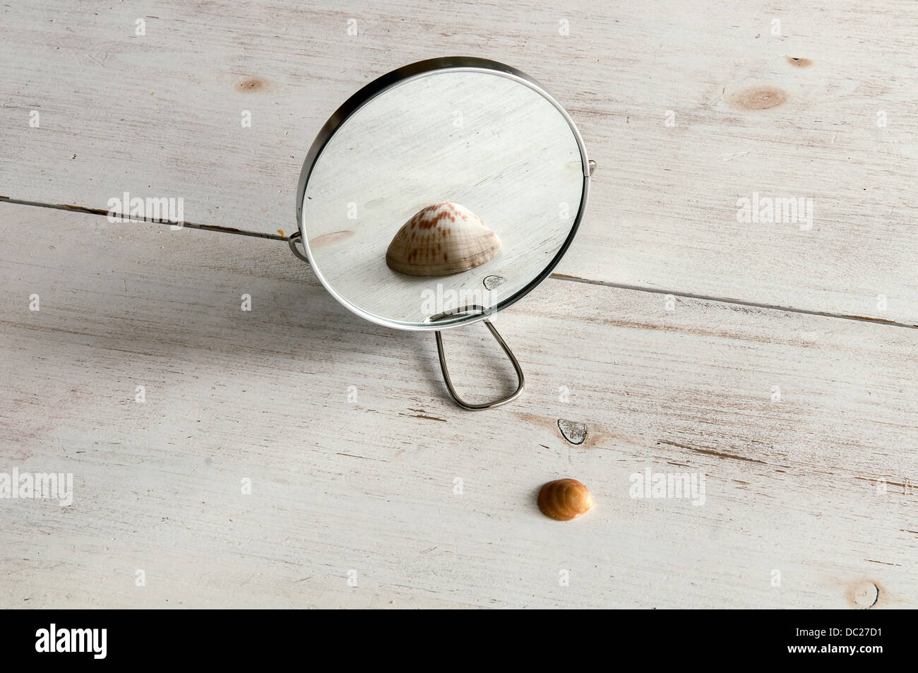 Kleine Schale spiegelt sich in den Spiegel als größer ein träumen, erwachsen zu werden Stockfoto