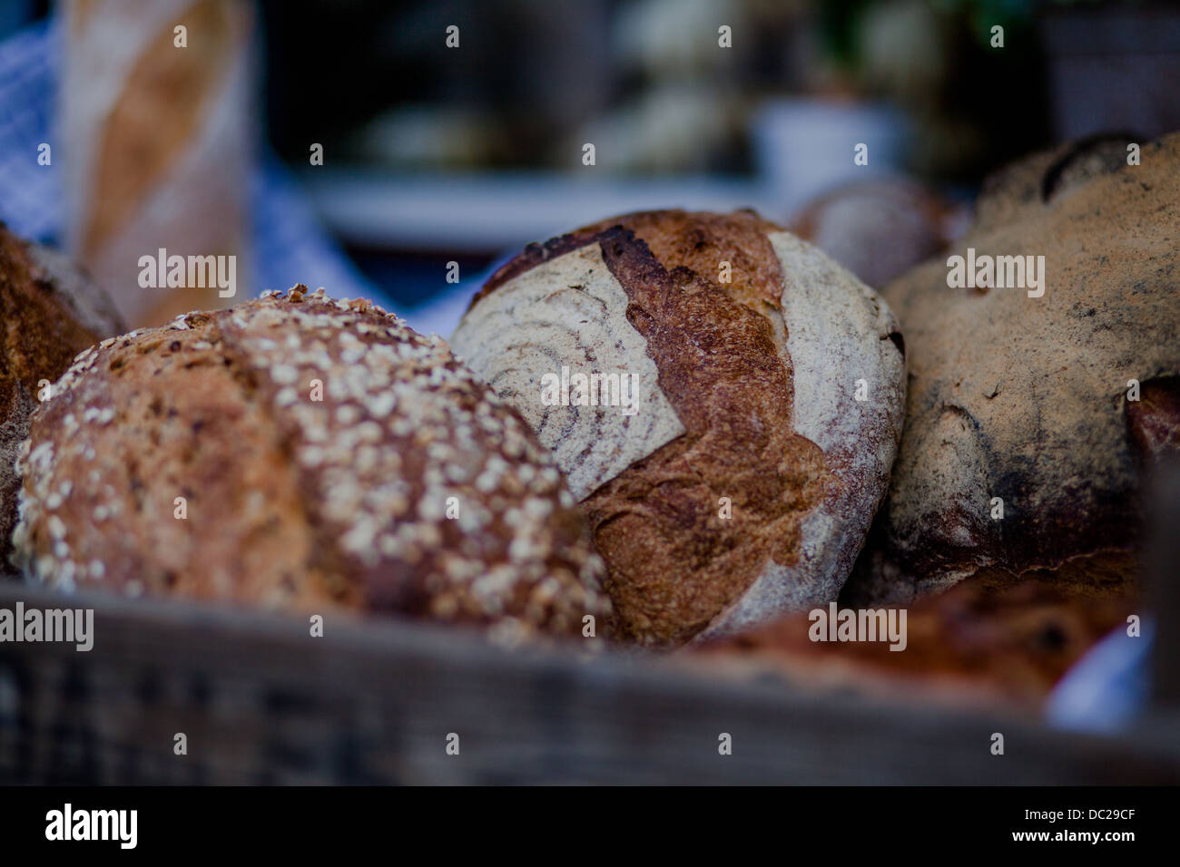 Sammlung von Artisan Brot Brote in Holzkiste Stockfoto