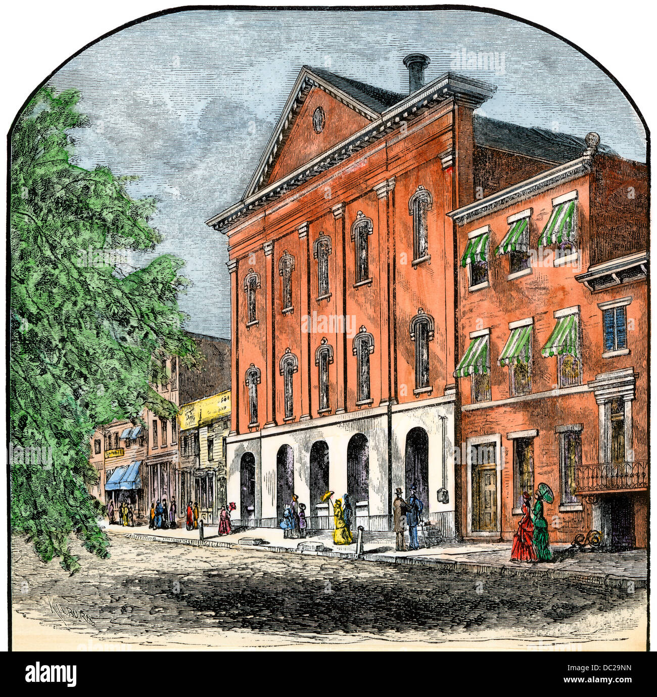 Ford's Theater, wo Präsident Lincoln 1865 erschossen wurde, Washington DC. Hand - farbige Holzschnitt Stockfoto