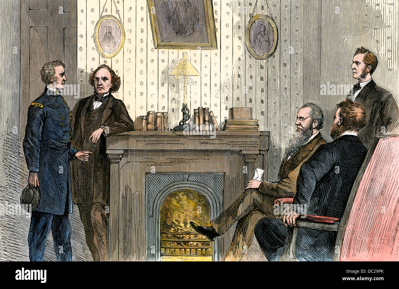 Allgemeine Lorenzo Thomas anspruchsvolle Kriegsminister Stanton's Rücktritt, Amtsenthebung von Präsident Johnson's, 1868. Hand - farbige Holzschnitt Stockfoto