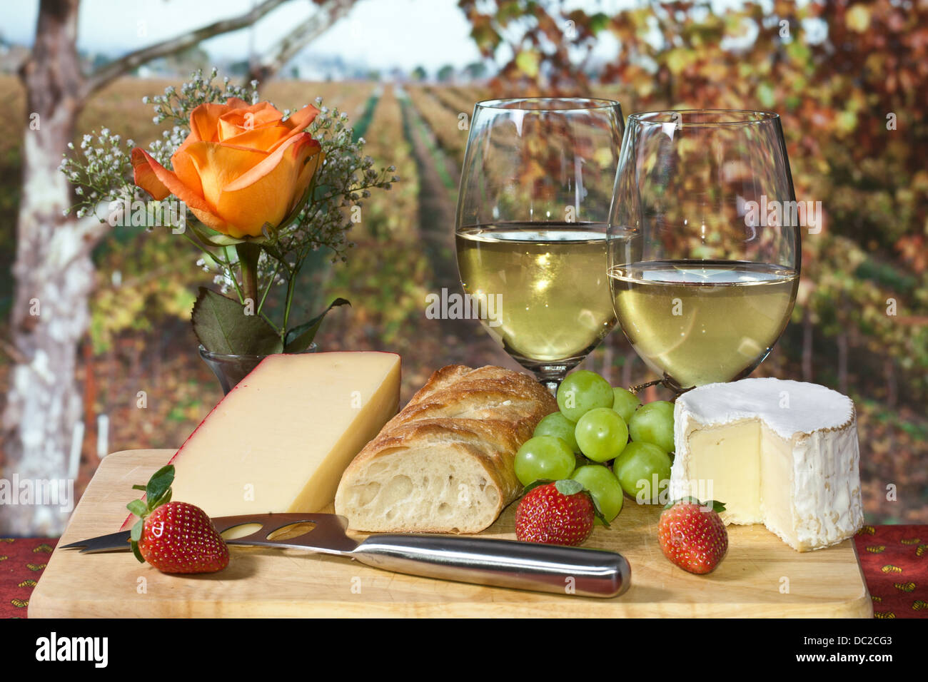 Ein schönes Mittag- oder Abendessen-Set-up mit Käse, Wein, Brot und Obst mit Blick auf ein Weingut in der Herbst-Saison Stockfoto