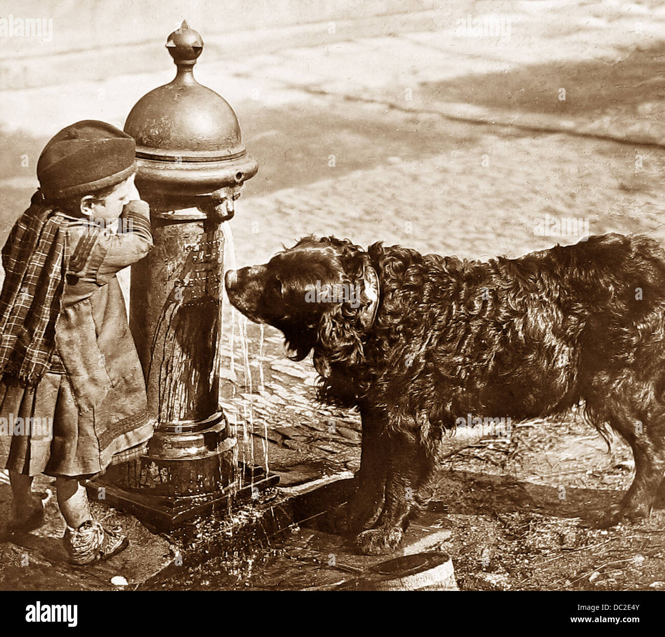 Glasgow-junge und Hund am Wasser-Brunnen viktorianischen Zeit Stockfoto