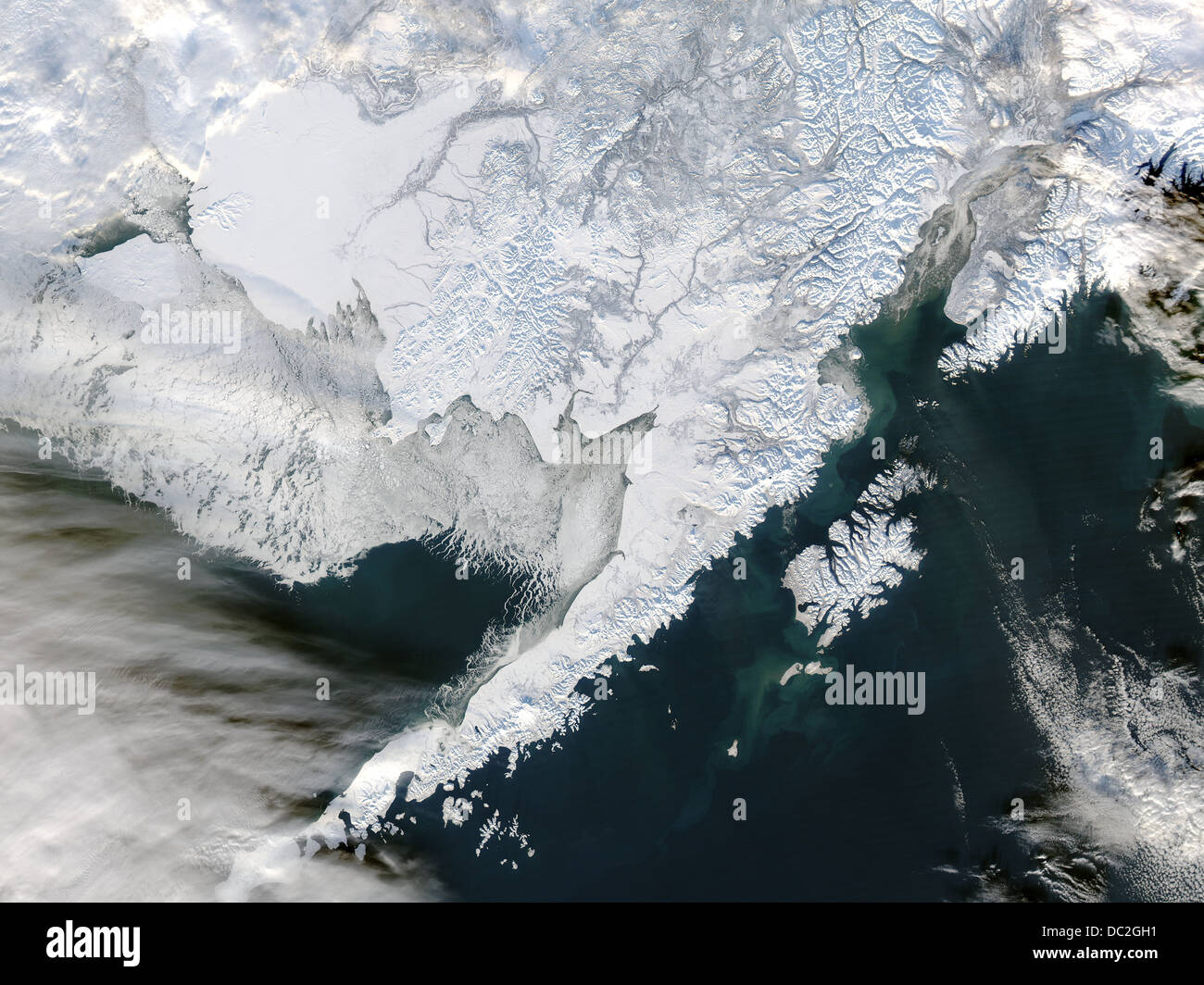 Satellitenbild des Meereises aus der südwestlichen Küste von Alaska, USA, im Januar 2012 Stockfoto