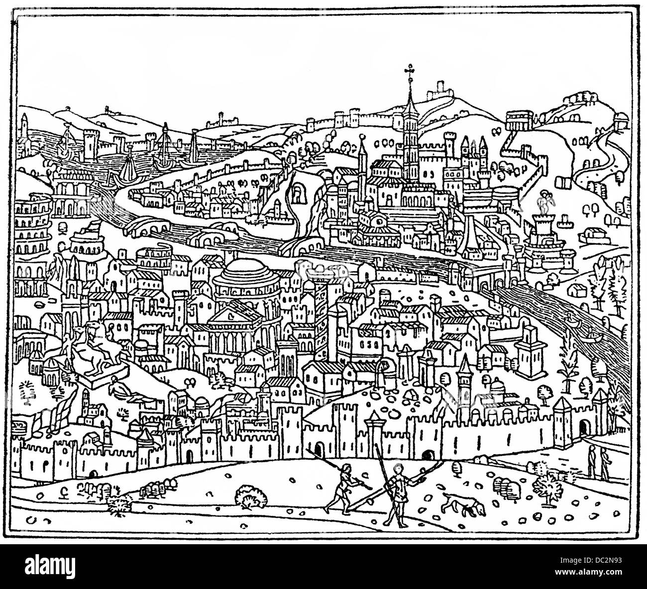 Historische Darstellung aus dem 19. Jahrhundert, die älteste gezeichnete Stadtansicht von Rom, Italien, Europa Stockfoto