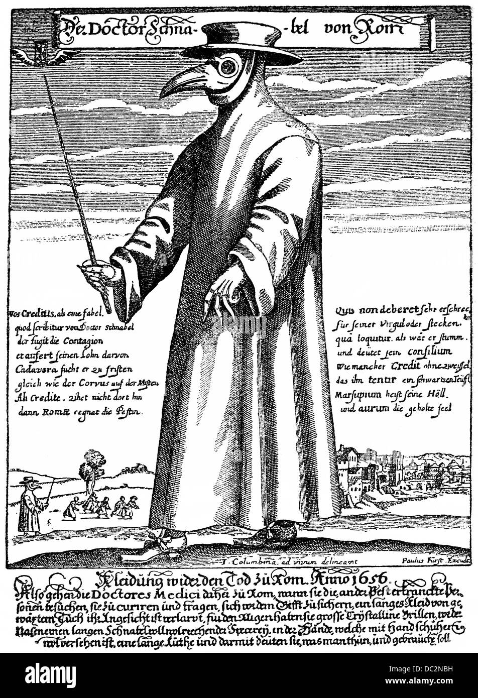 Plague Doctor, Doctor Schnabel von Rom, 1656, Arzt mit einem Schnabel-Maske mit Kräutern und trägt einen Stock für die Kranken fernzuhalten Stockfoto