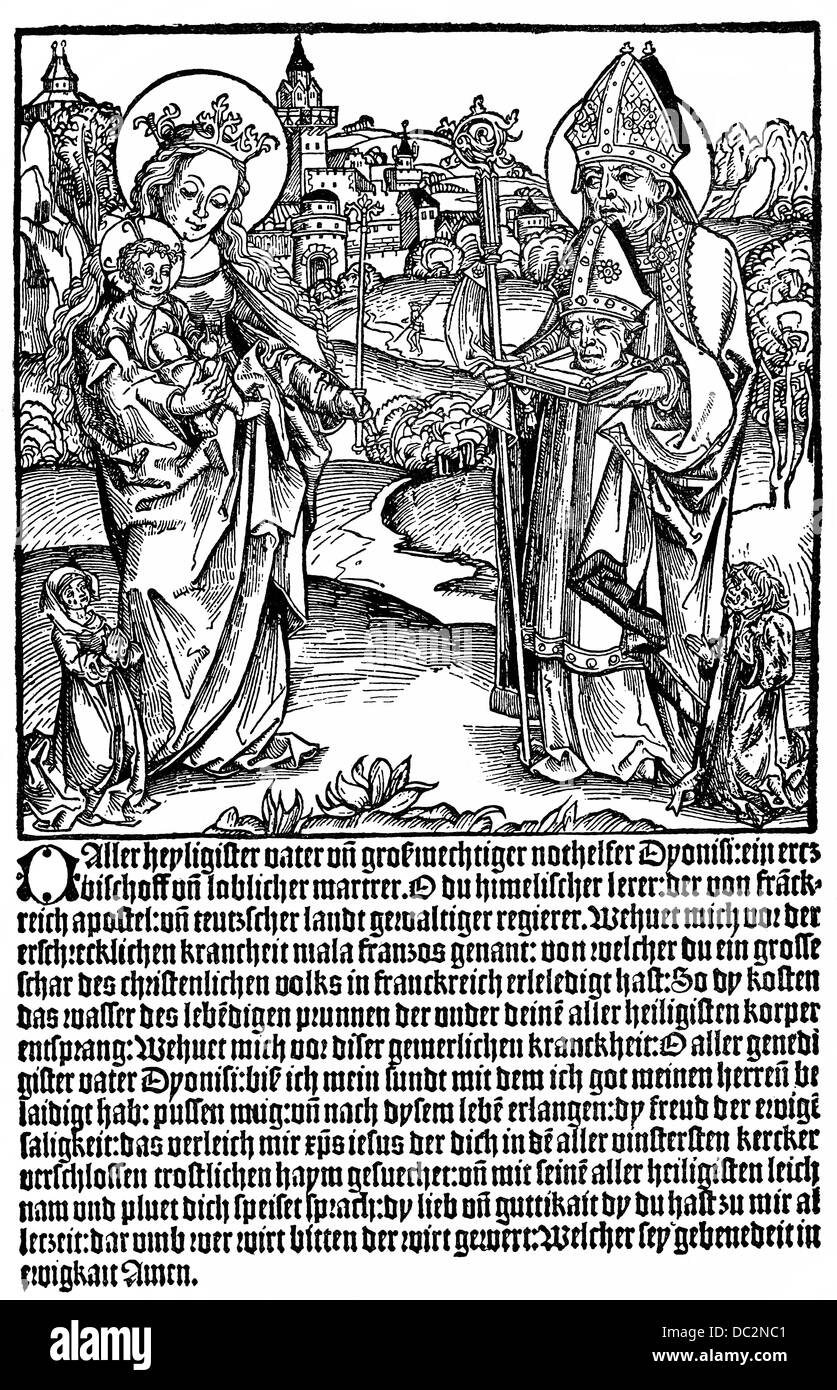 Broschüre aus dem 15. Jahrhundert, Gebet um Schutz vor den französischen Krankheit oder Syphilis, 1497, St. Dionysius, Denis aus Paris Stockfoto