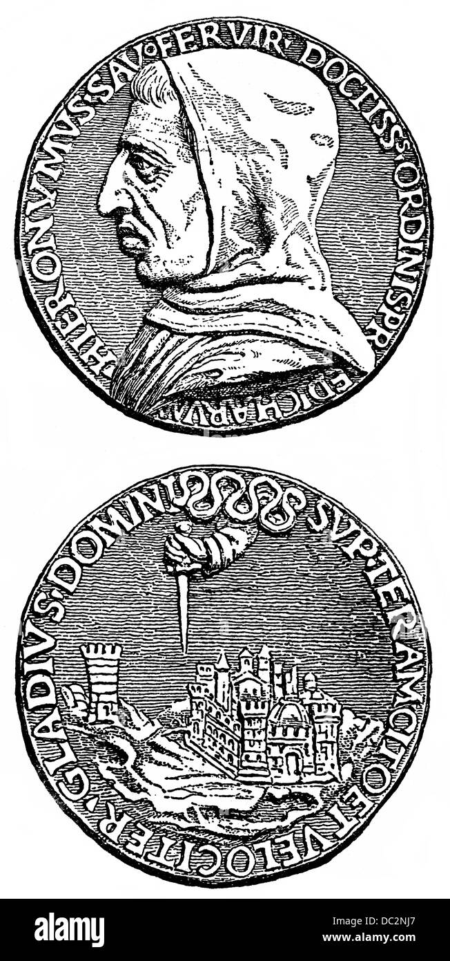 Gedenkmünze für Girolamo Hieronymus Savonarola, 1452-1498, ein italienischer Dominikaner und Prediger der Reue Stockfoto