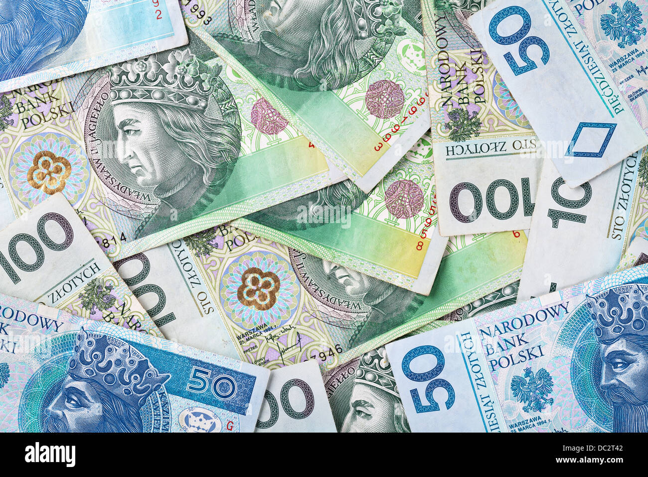 Polnische Zloty Papiergeld für Hintergrund. Ansicht von oben Stockfoto