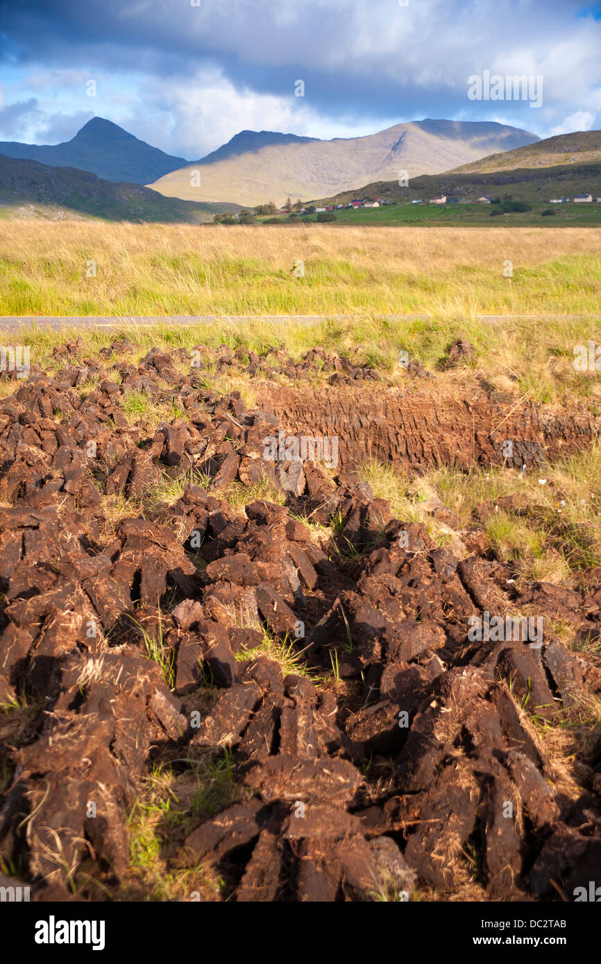 Torfmoor in West Irland, Rasen geschnitten und liegen in der Sonne trocknen. Stockfoto