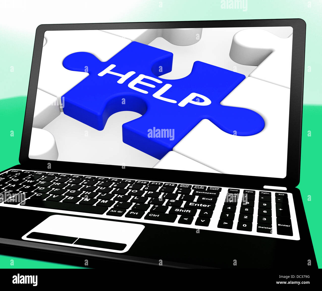 Helfen auf Laptop Puzzle zeigt Unterstützung Stockfoto