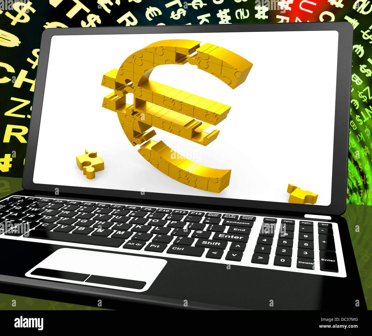 Euro-Symbol auf Laptop zeigt e-Commerce Stockfoto
