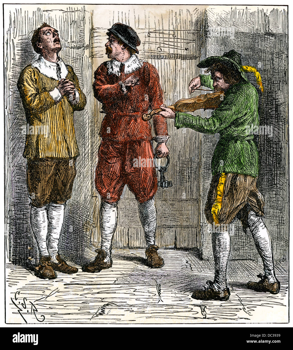 George Fox, Gründer der Freunde der Wahrheit (Quäker), im Gefängnis in England. Hand - farbige Holzschnitt Stockfoto