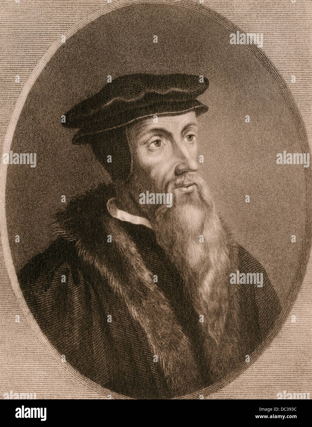 Johannes Calvin. Photogravure Reproduktion eines Gravur Stockfoto Johannes Calvin. Photogravure Reproduktion eines Gravur Stockfoto