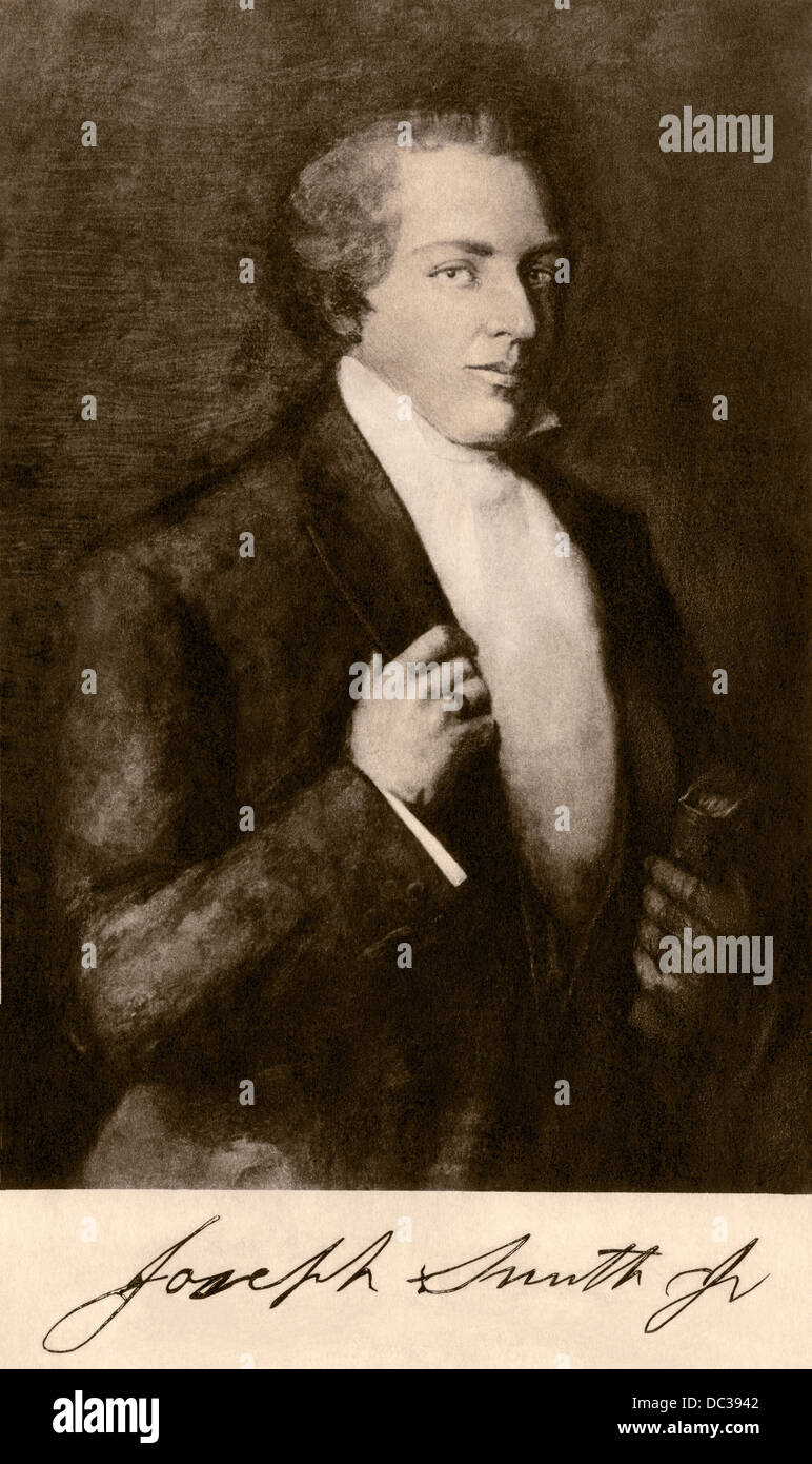 Joseph Smith, Gründer der Mormonen, mit seinem Autogramm. Photogravure Reproduktion eines Gemäldes Stockfoto