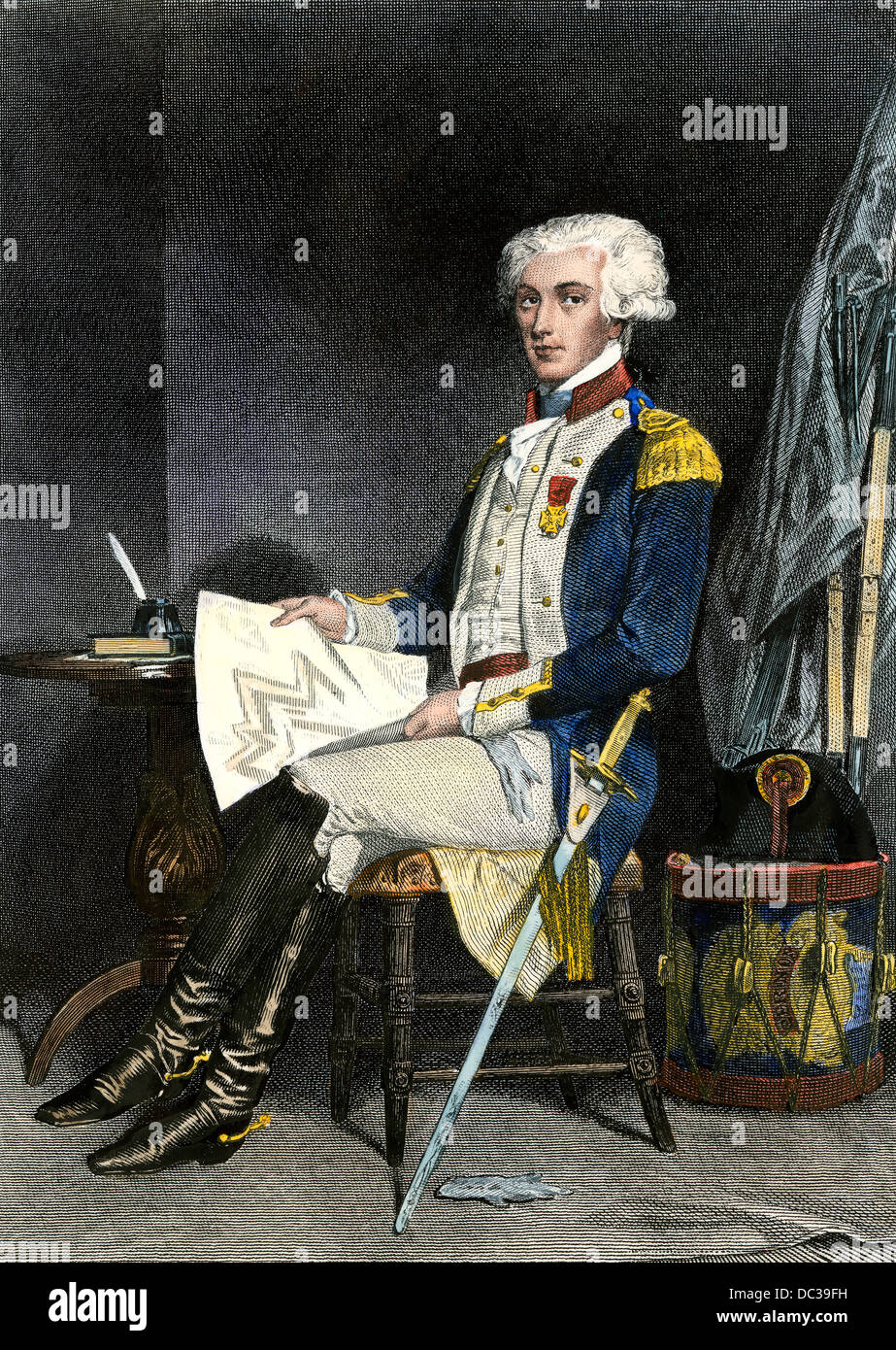 Marquis De Lafayette in Uniform während der Amerikanischen Revolution. Handcolorierte Stahlstich Stockfoto