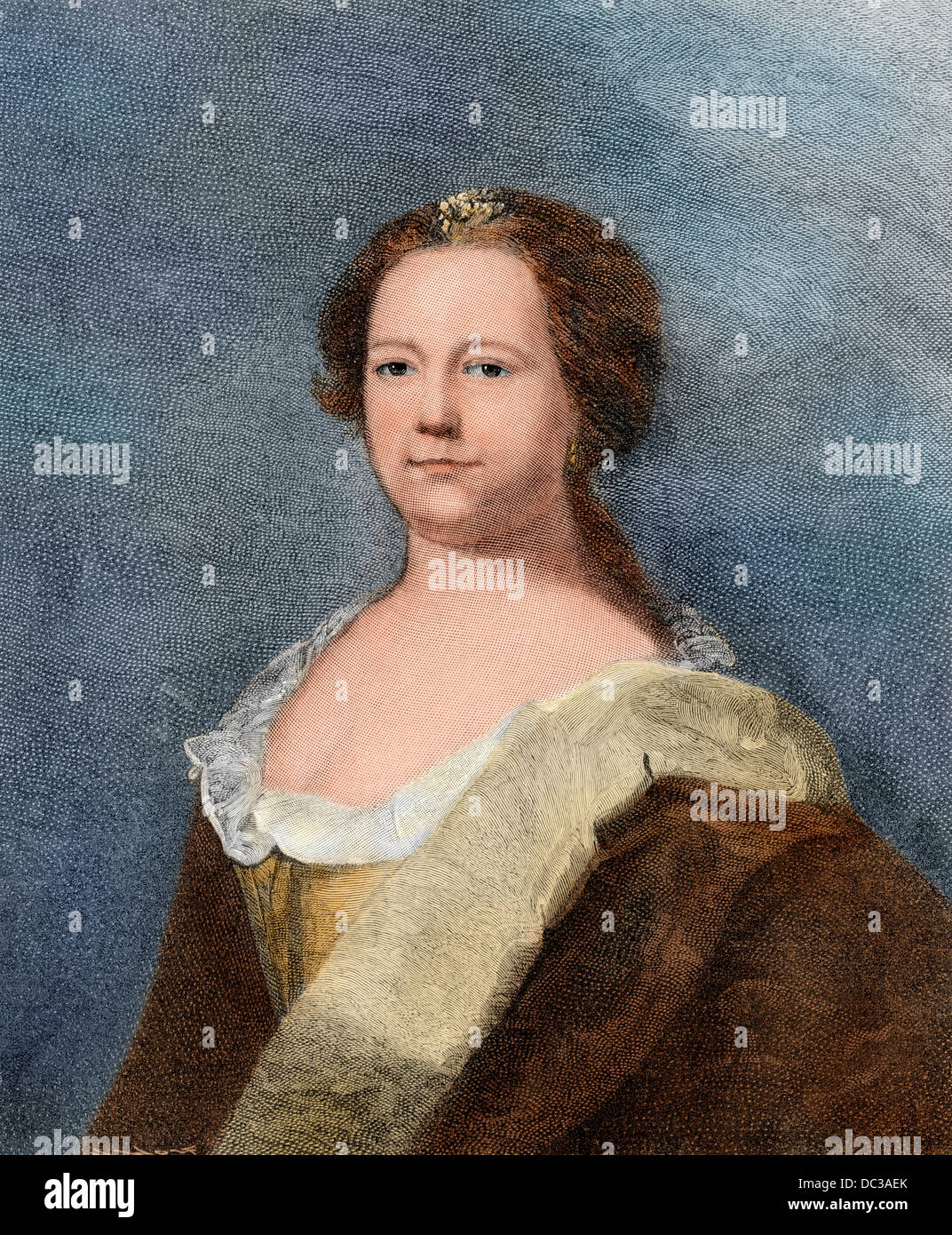 Deborah lesen Franklin, Ehefrau von Benjamin Franklin. Digital farbige Holzschnitt von einem Gemälde von Henry Wolf Stockfoto