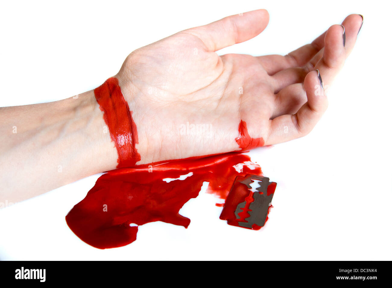 weißen Blutkörperchen isoliert Hand schneiden Hintergrund Selbstmord Stockfoto