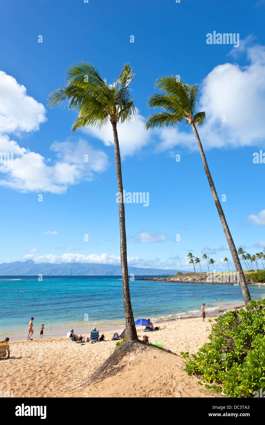 Lahaina-Strand mit Palmen und Menschen in Maui, Hawaii. Molokai im Hintergrund. Stockfoto