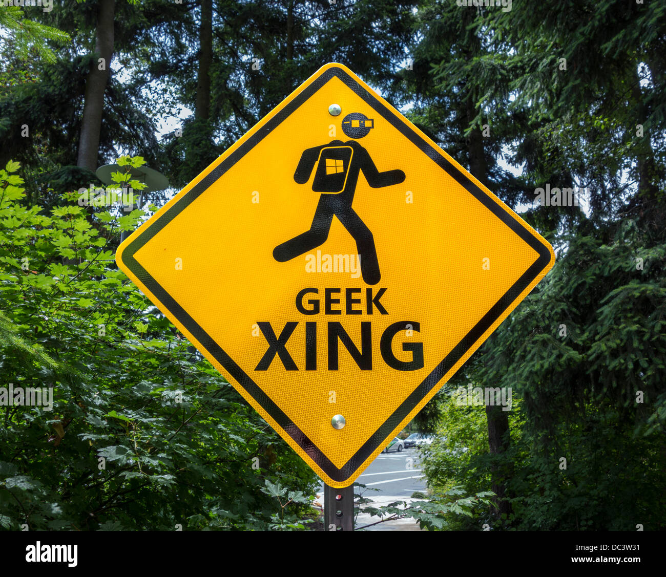 Geek-Xing-Zeichen auf dem Microsoft Head Office Campus in Redmond, Washington, USA Stockfoto