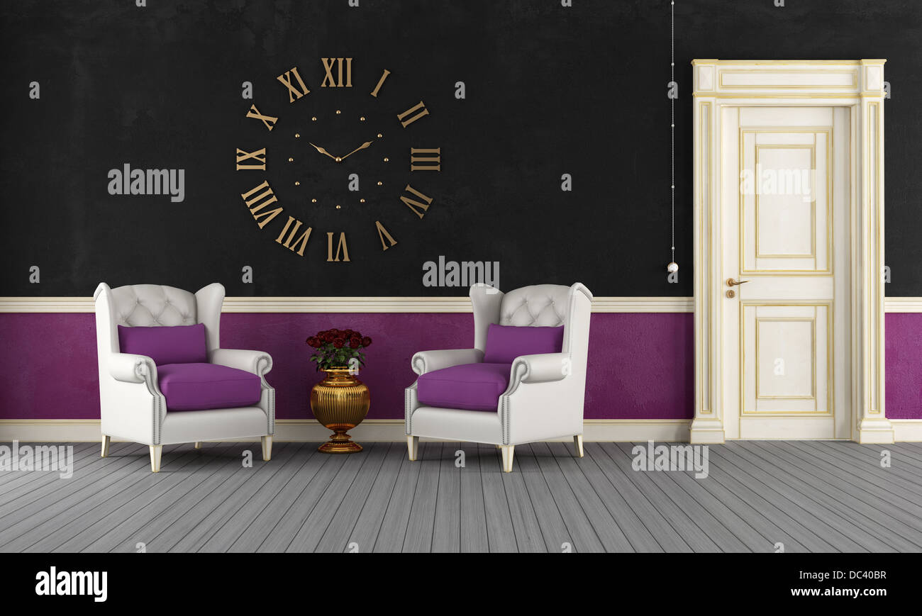 Vintage Interieur mit zwei eleganten Sessel und große goldene Uhr an Wand - Rendering Stockfoto
