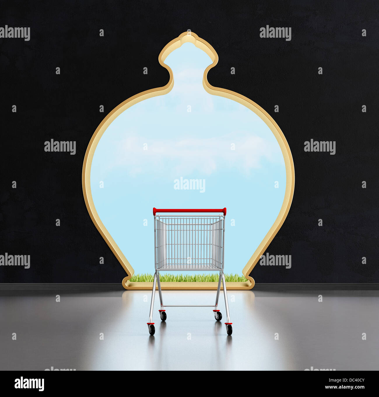 Konzept zu retten, Wand mit Tür-förmigen Spardose und leeren Warenkorb - Rendern Stockfoto