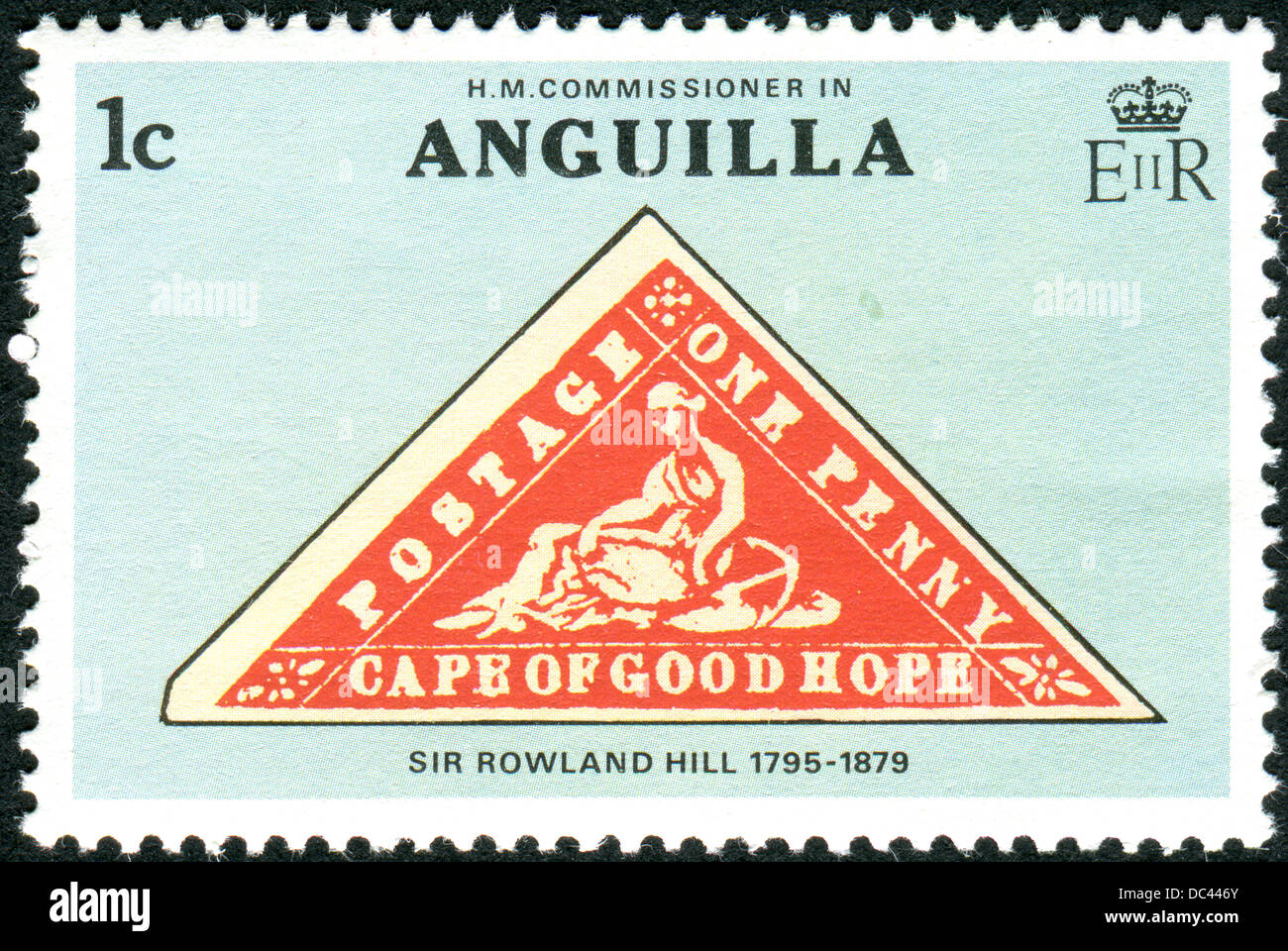 Eine Briefmarke gedruckt in Anguilla, Sir Rowland Hill, Begründer des Penny-Porto gewidmet ist, zeigt das Kap der guten Hoffnung # 1 Stockfoto