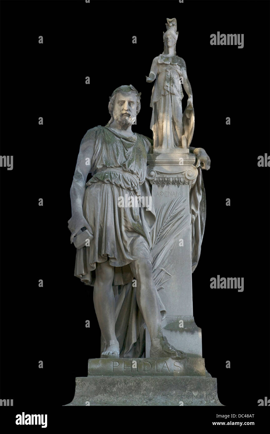 Der griechische Bildhauer Phidias neben seinem Meisterwerk, Athena Parthenos. Stockfoto