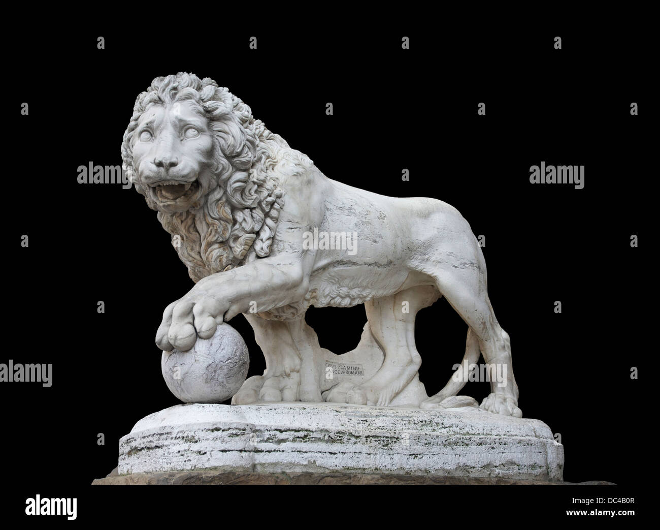 Der linke Medici Löwe von Flaminio Vacca, Loggia dei Lanzi, Piazza della Signoria, Florenz, Italien. Es ist eine richtige "in Mir Stockfoto