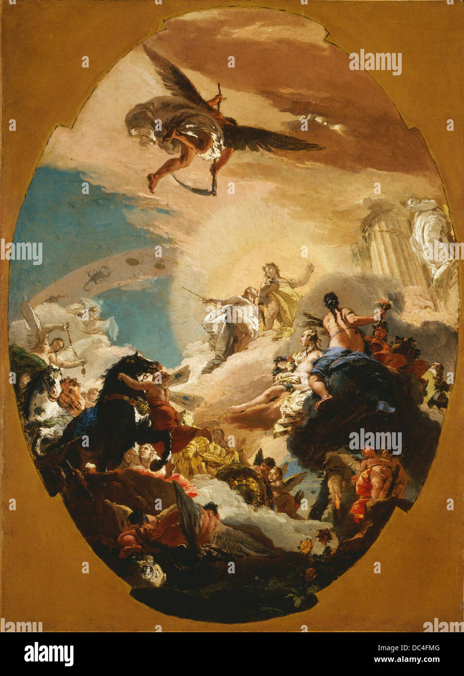 Dieses Kunstwerk zeigt die mythologische Szene von Apollo und Phaethon, wo Apollo versucht, Phaethon davon abzuhalten, den Wagen der Sonne zu fahren. Der dramatische Moment fängt die tragische und heldenhafte Natur dieses Mythos ein und reflektiert Themen der Macht, des Schicksals und der göttlichen Intervention in der griechischen Mythologie. Stockfoto Dieses Kunstwerk zeigt die mythologische Szene von Apollo und Phaethon, wo Apollo versucht, Phaethon davon abzuhalten, den Wagen der Sonne zu fahren. Der dramatische Moment fängt die tragische und heldenhafte Natur dieses Mythos ein und reflektiert Themen der Macht, des Schicksals und der göttlichen Intervention in der griechischen Mythologie. Stockfoto
