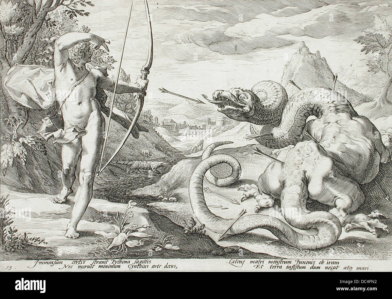 Dieses klassische Kunstwerk zeigt Apollo, den griechischen Gott, bei der Ermordung des Pythons und symbolisiert seinen Triumph über das Chaos. Die Skulptur, die in LACMA untergebracht ist, fängt die dynamische Handlung und das Drama dieses mythologischen Moments ein und bietet einen Einblick in die religiösen und kulturellen Überzeugungen des antiken Griechenlands. Stockfoto