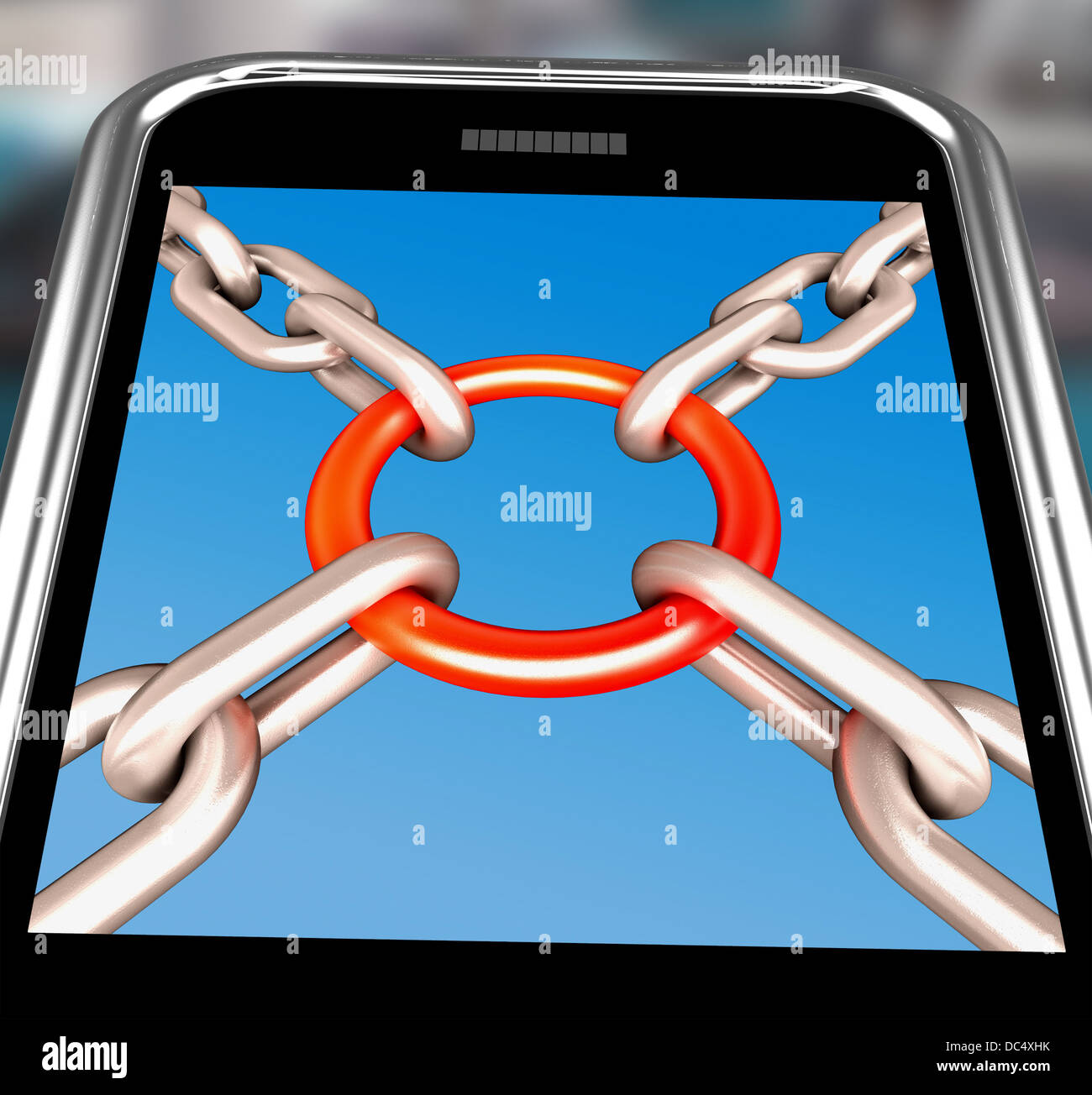 Ketten-Gelenk am Smartphone zeigt Sicherheit Einheit Stockfoto