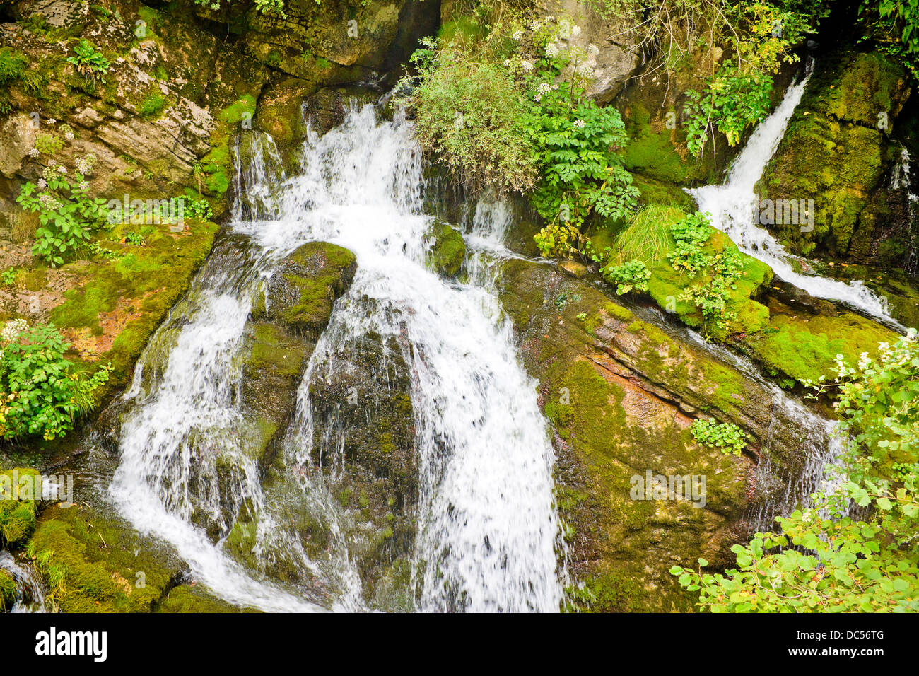 kleiner Wasserfall an der Quelle des Flusses Llobregat in Castellar de N'Hug (Katalonien, Spanien) Stockfoto