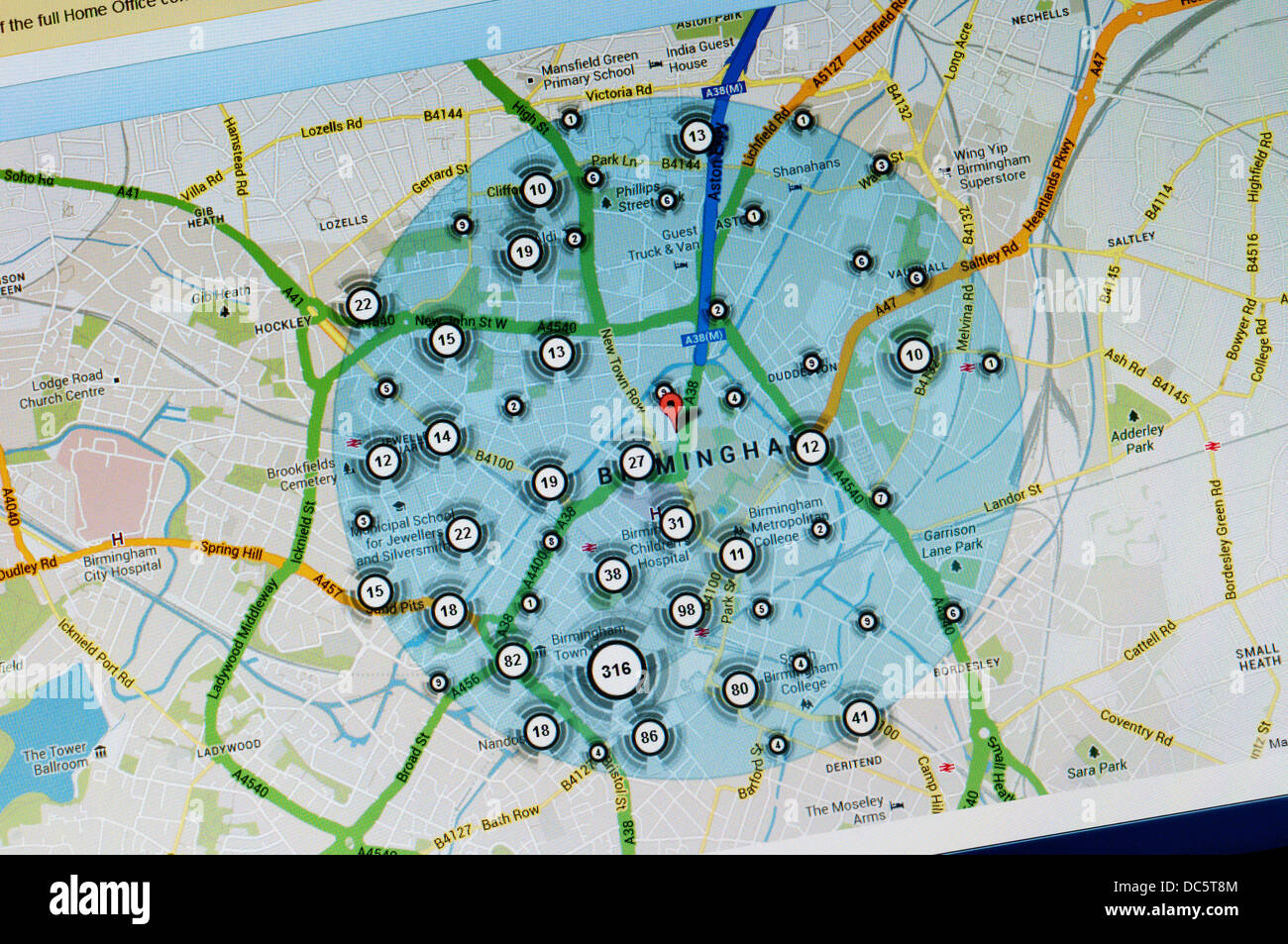 Inzidenz von Verbrechen im Zentrum von Birmingham auf Kriminalität Karte von police.uk angezeigt. Stockfoto