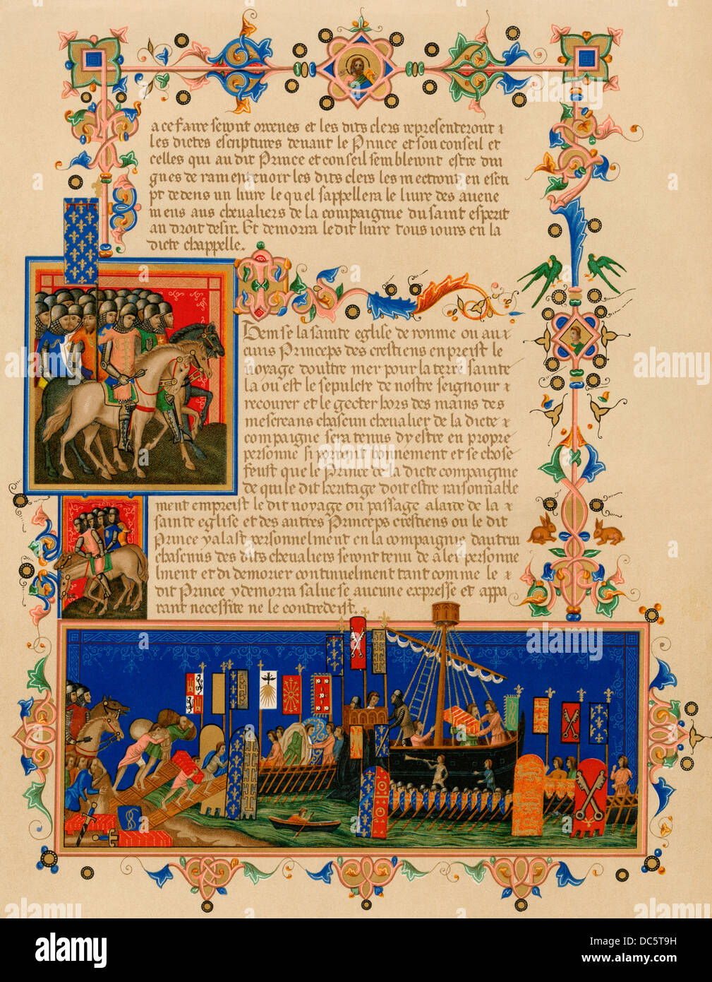 Bilderhandschrift Seite Darstellung der Kreuzzüge, in Alten Französischen. Farblithographie Reproduktion Stockfoto