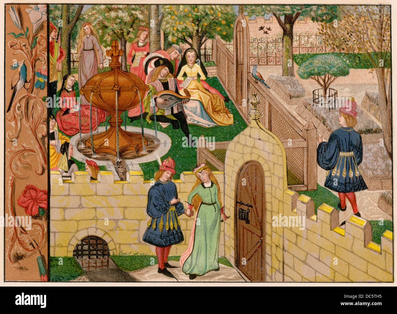 Garten Szene aus "Roman de la Rose" (HarI. M.S.4425), ca. 1480. Farblithographie Reproduktion Stockfoto