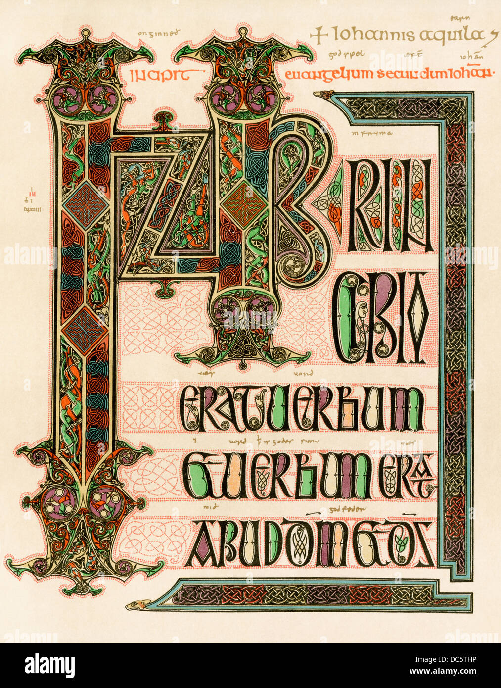 Bilderhandschrift Seite der Lindisfarne Gospels, England, ca. 700 AD. Farblithographie Reproduktion Stockfoto