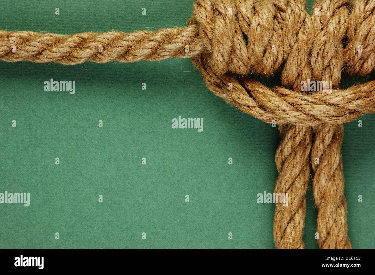 Seil mit marine Knoten auf grünem Hintergrund Stockfoto