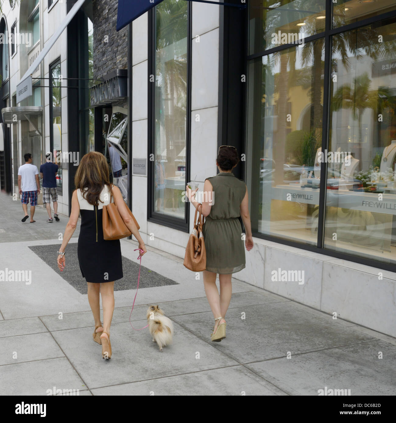 Frauen und ihr Haustier einkaufen, Rodeo Drive, Beverly Hills, Kalifornien Stockfoto