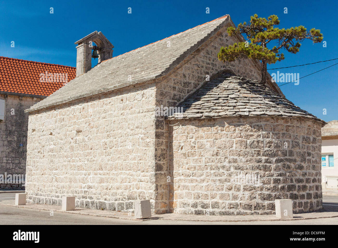 Schwarzkiefer-Bonsai-Baum wchst aus St. Peter Kirchendach in Nereia auf  Bra Insel, Kroatien Stockfotografie - Alamy