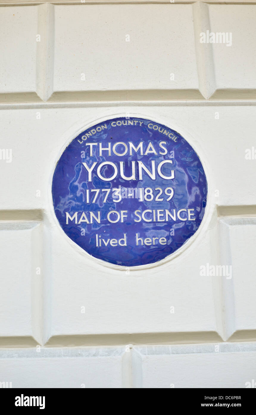 Thomas jung Mann der Wissenschaft blaue Gedenktafel in Welbeck Street, Marylebone, London, UK. Stockfoto