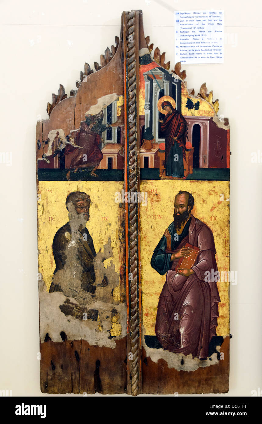 Blatt des Tür - Peter und Paul und die Verkündigung von der Jungfrau Maria (Theotokos) aus dem 16. Jahrhundert - Kloster Arkadi - Kreta, Griechenland Stockfoto