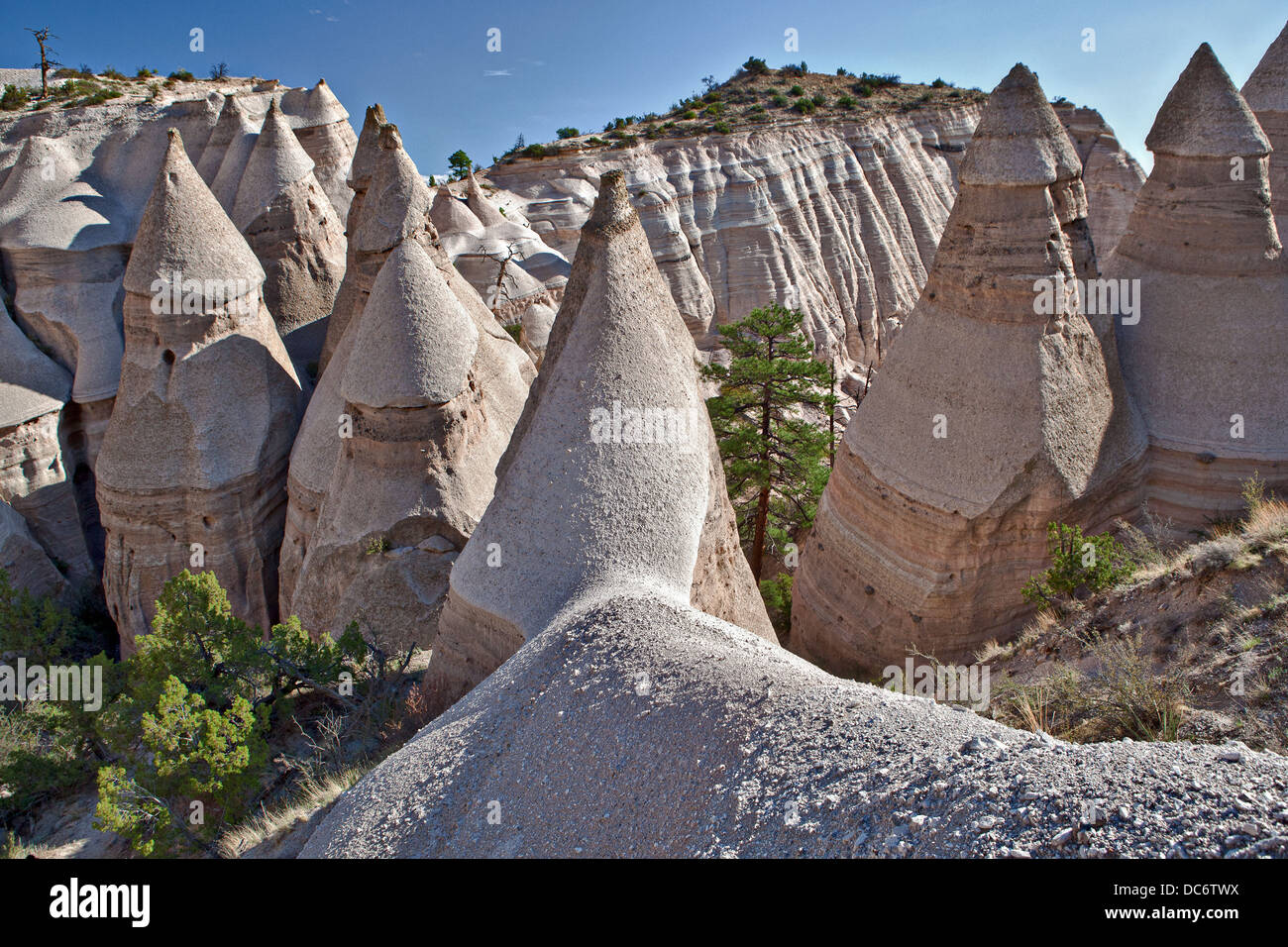 Ein Zelt Rock Formation Kegel von weichen Bimsstein unter schwerer Deckgestein im Kasha-Katuwe Zelt Rocks National Monument 8. Februar 2010 in der Nähe von Cochiti, New Mexico. Das Gebiet verdankt seine bemerkenswerte Geologie Schichten aus vulkanischem Gestein und Asche abgelagerten pyroklastischer Strom aus einer vulkanischen Explosion innerhalb der Jemez Vulkanfeldes, die 6 bis 7 Millionen Jahren aufgetreten sind. Im Laufe der Zeit schuf Verwitterung und Abtragung dieser Schichten Schluchten und Zelt Felsen. Stockfoto