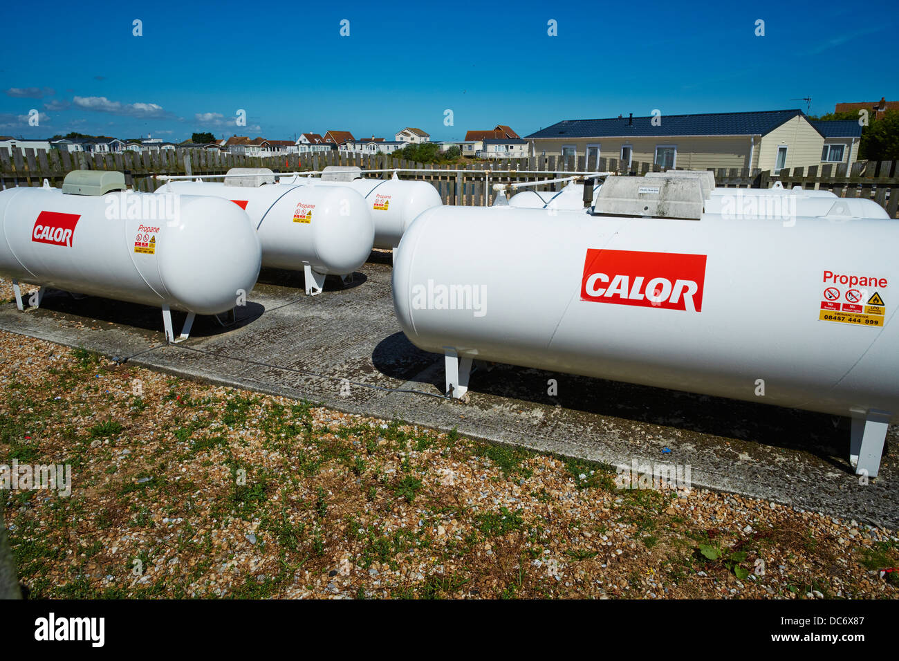 Propan-Lagertanks an eine Karawane Ferienpark New Romney Kent UK Stockfoto