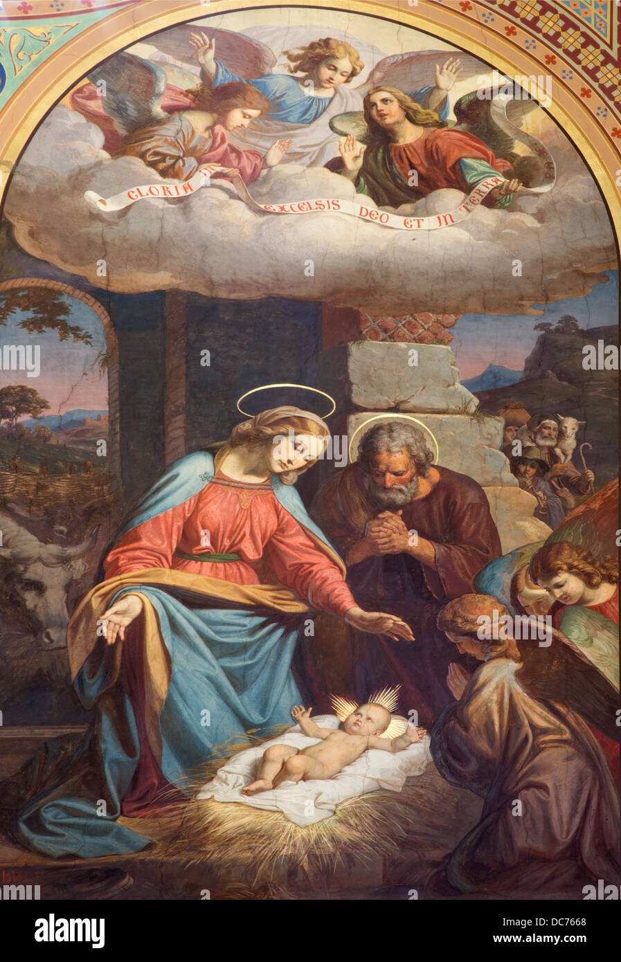 Wien - Juli 27: Fresko der Krippe von Karl von Blaas vom 19. Jhdt. im Kirchenschiff der Altlerchenfelder Kirche Stockfoto