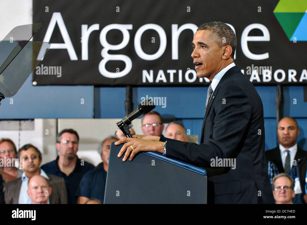 US-Präsident Barack Obama spricht über Energiepolitik während eines Besuchs in der Argonne National Laboratory 15. März 2013 in Batavia, Illinois. Stockfoto