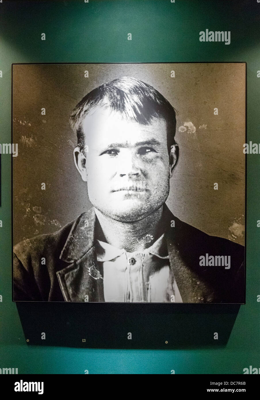 Fahndungsfoto der Outlaw Butch Cassidy in Wyoming Territorial Prison Museum, er 18 Monate im Jahr 1896, Laramie, Wyoming, USA verbrachte Stockfoto