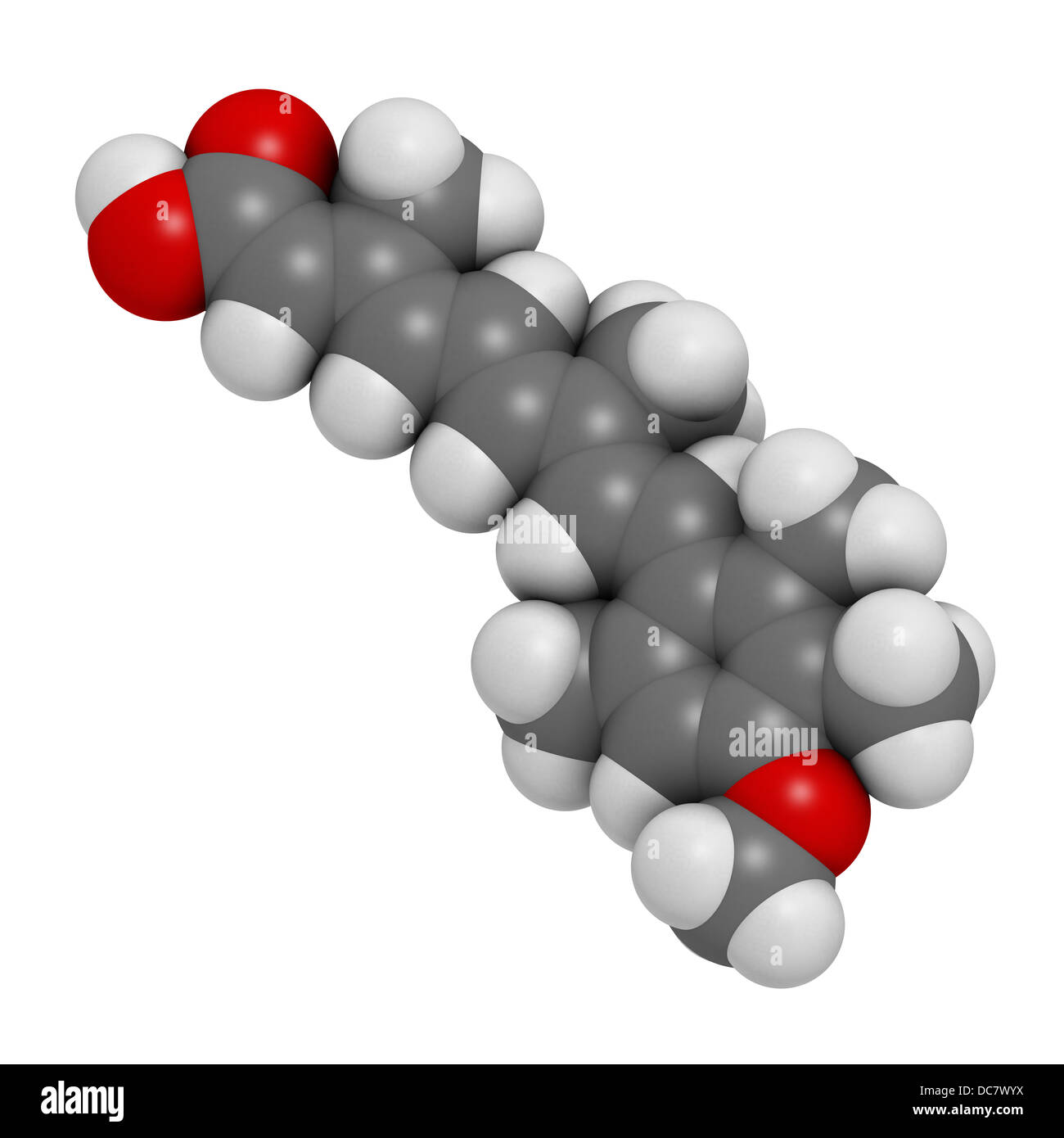 Acitretin Psoriasis Droge, chemische Struktur. Atome werden als Kugeln mit konventionellen Farbkodierung dargestellt. Stockfoto